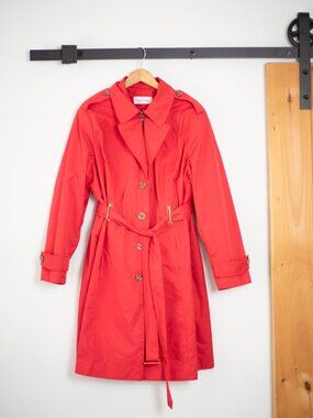 Red Trench Coat | Leopard Print Lining | L/XL Calvin Klein